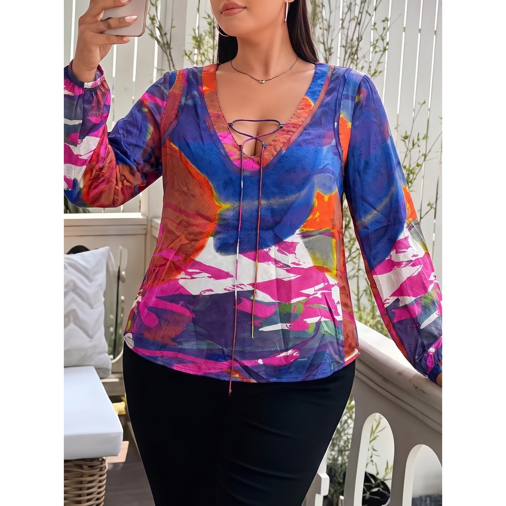Tory Burch Silk Blouse Women 4 Multicolor Abstract Lace Up V-Neck